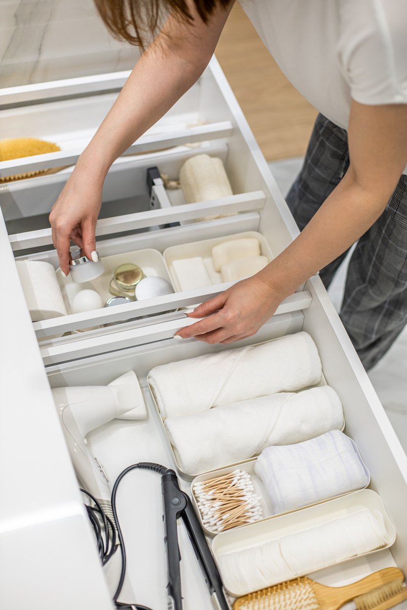 Young woman organizing bathroom storage, displaying beauty cosmetic creams and toiletries in drawer